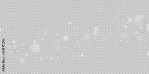 Abstract white glowing dust with sparkling bokeh lights on transparent background. Vector light particles, glitter overlay, soft blur, festive shine. PNG glistering effect. 