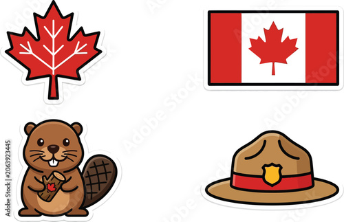Fotografie Canadian Symbols Sticker Pack: Maple Leaf, Flag, Beaver, Ranger Hat