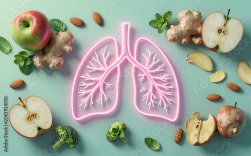 Healthy lungs symbolized by neon outline, surrounded by fruits and vegetables.
