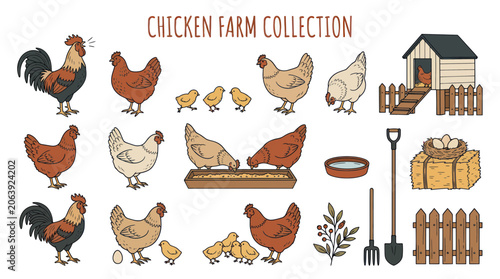 Chicken Farm Collection: Rooster, Hens, Chicks, Coop, Hay, and Tools