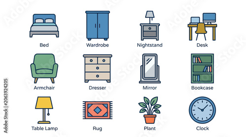 Collection of Flat Design Furniture Icons: Bed, Wardrobe, Desk, Armchair, Lamp
