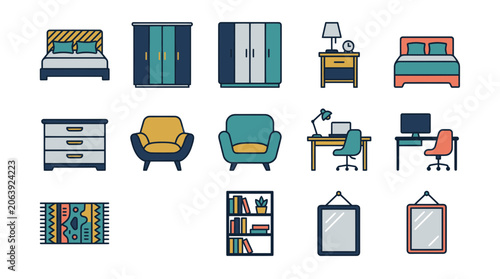 Cozy Bedroom and Living Room Furniture Icons Set