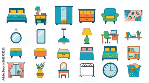 Cozy Home Furniture and Decor Icons Set - Modern Bedroom, Living Room, Office