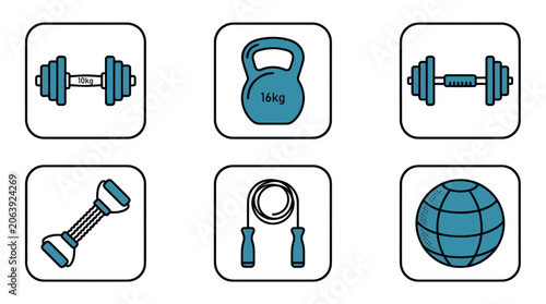 Fitness Equipment Icons: Dumbbells, Kettlebell, Jump Rope, Medicine Ball