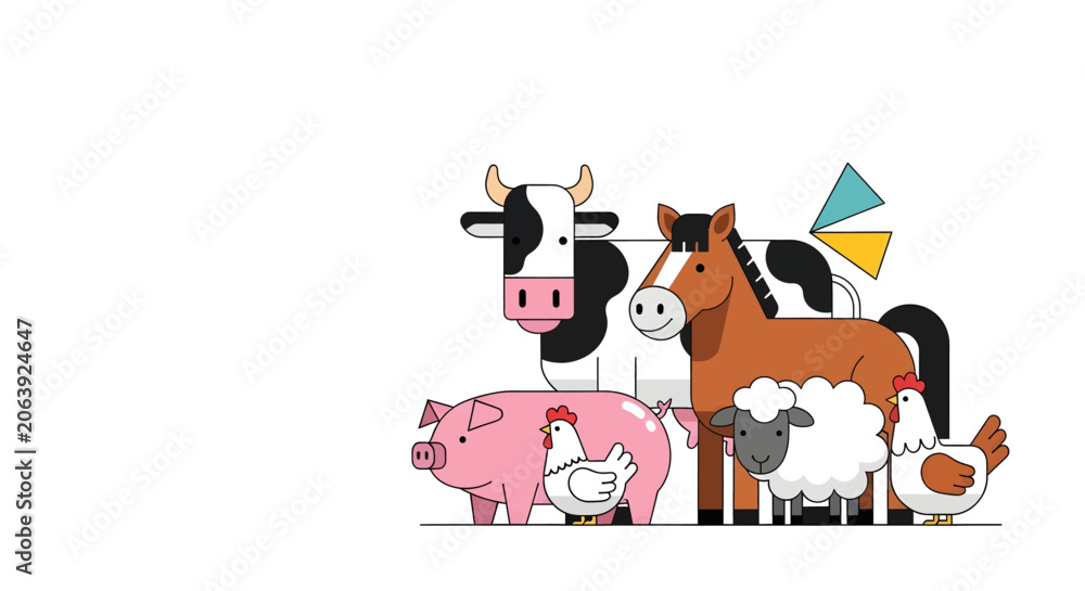 Naklejka premium Cartoon farm animals standing together.