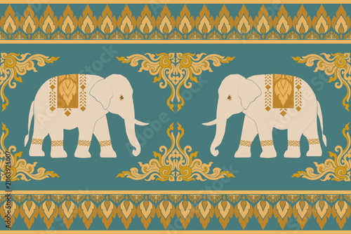 Luxury Thai and Indian elephant ornamental border pattern featuring royal elephants, golden floral scrollwork, and traditional decorative motifs on an elegant teal background.