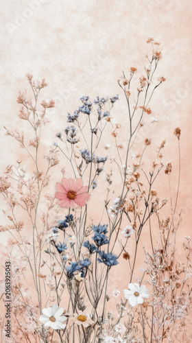 Floral compositions with delicate dried flowers and pastel tones