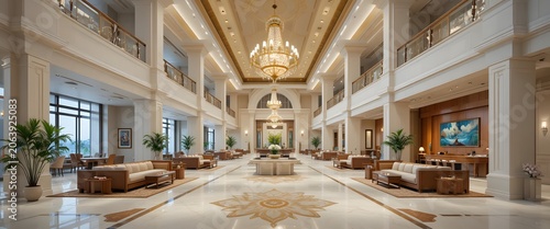Luxurious Grand Hotel Lobby Interior with Elegant Decor and Seating Areas.
