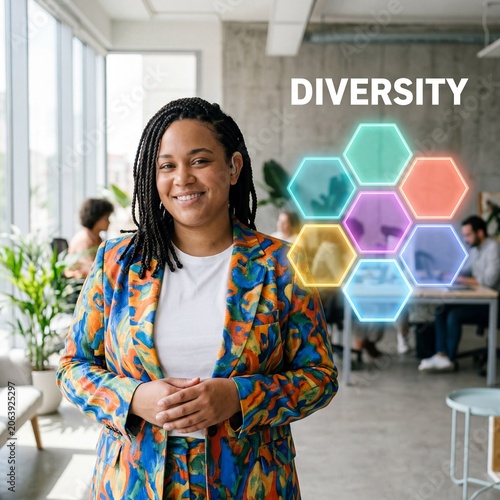 Smiling mixed-race adult with braids and hearing aid stands beside colorful diversity hexagon graphic in modern office