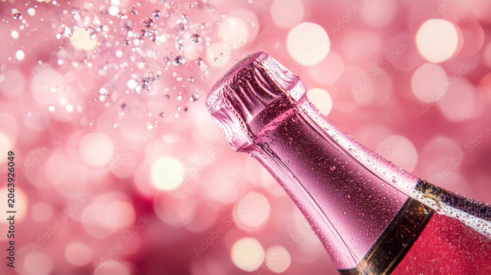 Fototapeta premium Pink Champagne Bottle with Bubbles on Sparkling Background