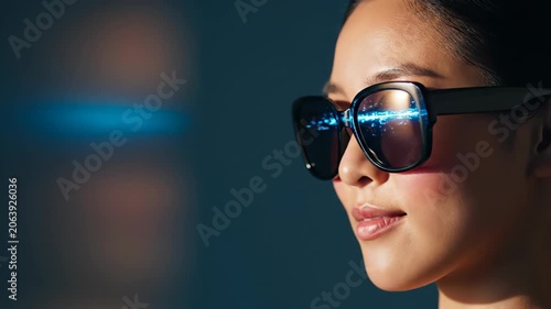Asian woman wearing smart glasses with digital interface reflection. User experience of wearable technology and augmented reality visualization in dark environment