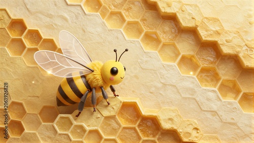 Cute bee perches on golden honeycomb, smiling amidst hexagonal sweetness.