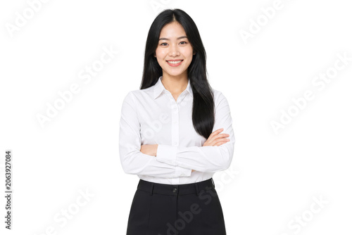 Confident Smiling Young Asian Businesswoman in Formal White Shirt Isolated Portrait