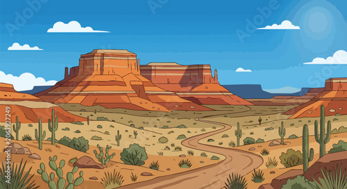 Desert Landscape with Red Mesa Canyon Winding Dirt Road and Saguaro Cactus under Blue Sunny Sky View
