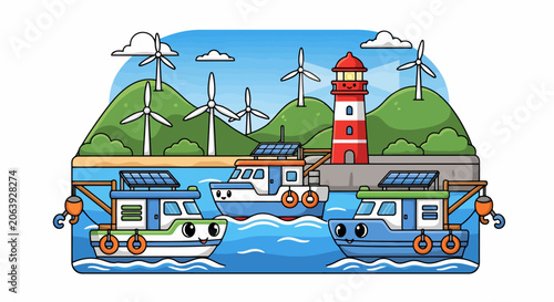 Cartoon boats with solar panels and wind turbines on the coast.
