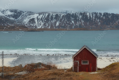 фотографія Typical red rorbuer cabins in Lofoten, Norway