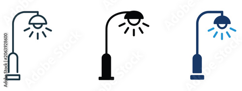 Street lamp icon set featuring outline, solid, and glowing styles for outdoor lighting, urban design, smart city systems, and night illumination concepts.
