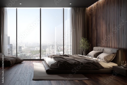 Modern bedroom with city view and wood accent wall.