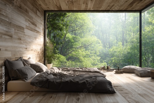 Minimalist bedroom with large window overlooking a sunlit forest.