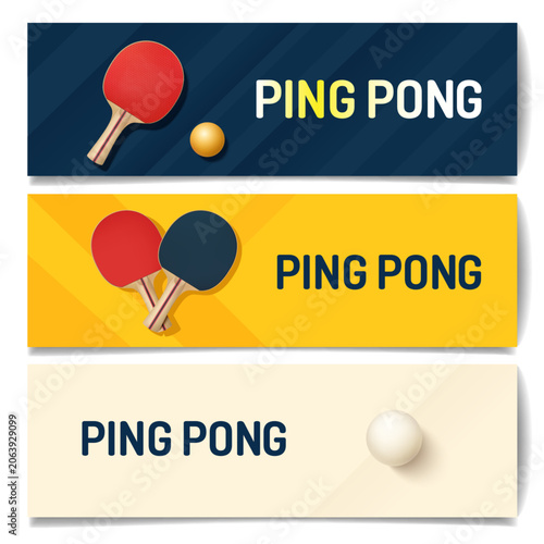 Table tennis rackets, balls, colorful horizontal banners. Vector.