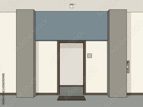 Fotografie A modern office entrance with a doorway and concrete pillars