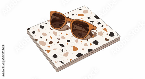 Sunglasses with brown frame and dark lenses on a white terrazzo tile