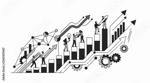 A black and white infographic depicting people working together on a graph