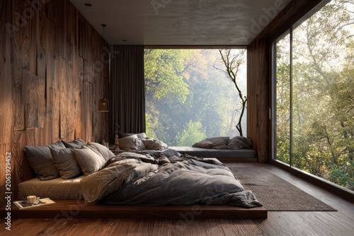Luxurious bedroom with large windows overlooking a serene forest.