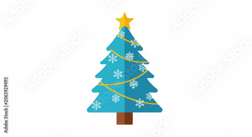 A blue Christmas tree with snowflakes and gold garland