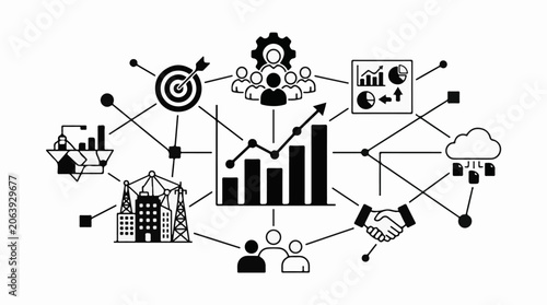 A black and white infographic depicting various business-related icons connected to a central graph