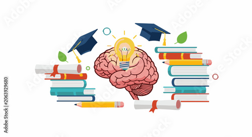 A brain with a lightbulb surrounded by books, graduation caps, and a pencil
