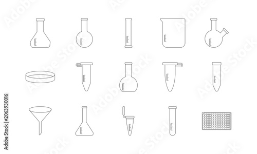 laboratory glassware and equipment line icon set on a white background