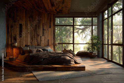 Cozy bedroom with wooden walls and large windows overlooking nature.