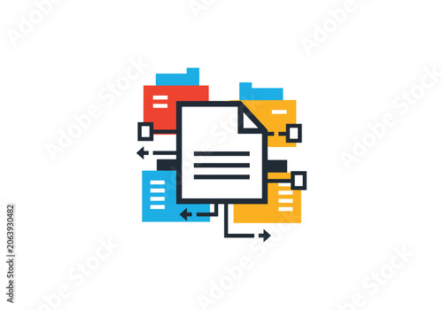 Document and connected colorful data blocks for information transfer.