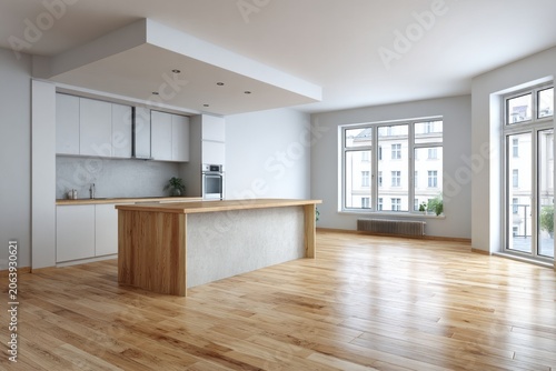 Modern kitchen with island, cabinets, oven, and large windows.