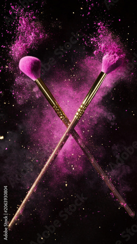 Elegant Pink Makeup Brushes with Powder Explosion