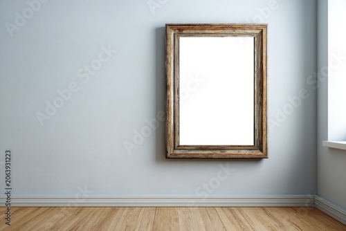 Ornate wooden frame hangs on a light blue wall next to a window.
