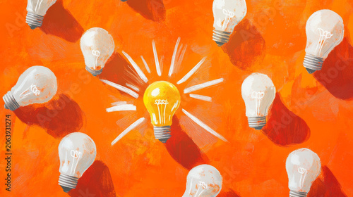 Bright Yellow Lightbulb Standing Out Among White Bulbs