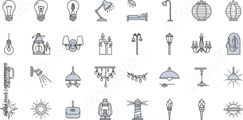Obraz na plátne Colored collection of lighting icons including lamps lanterns chandeliers and li