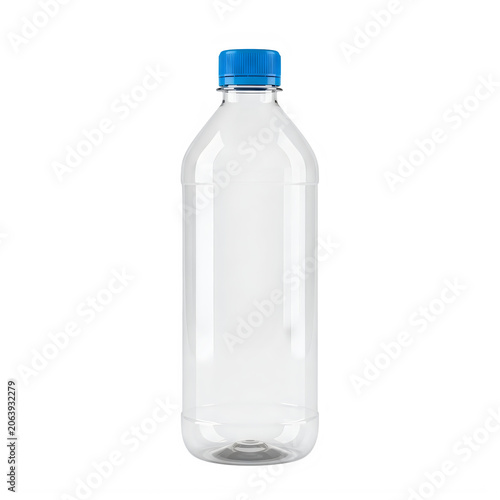 Empty Clear Plastic Bottle with Blue Cap Mockup Isolated on White Background