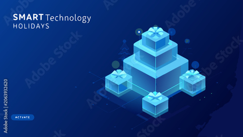Tableau sur toile Isometric blue gift boxes and stylized evergreen trees a vector illustration wit