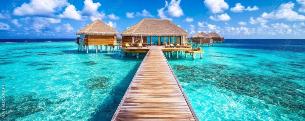 Fototapeta premium Tropical island with wooden pier over clear waters.