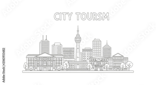 City skyline with modern buildings.