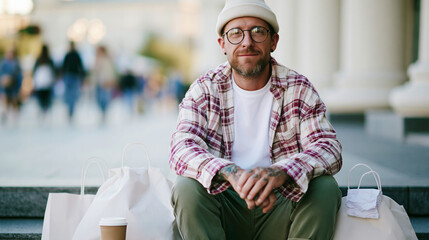 Young man sitting on store steps with plain shopping bags no logos relaxed posture coffee cup nearby wrinkled receipt on one bag street background and passersby defocused