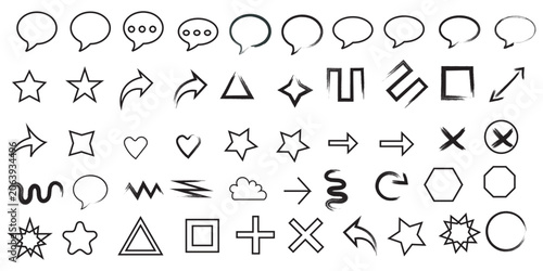 Collection of simple black line icons and shapes on a white background