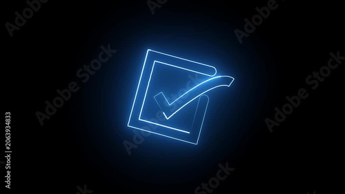 neon tick mark icon glowing neon blue color animation black background .