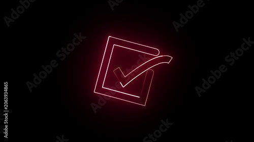 neon tick mark icon glowing neon red color animation black background .