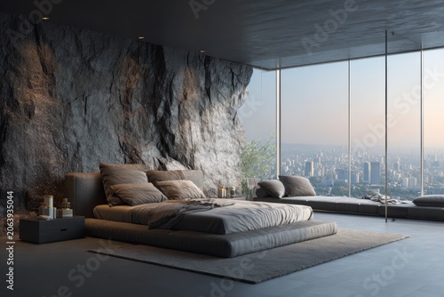Modern bedroom built into a rock face with city view.