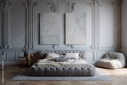 Plush bed and modern art adorn a room with ornate wall paneling.