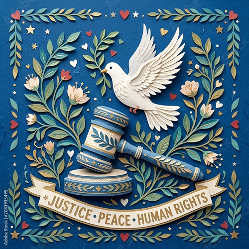 Justice, Peace, Human Rights - Dove, Gavel, Floral Frame